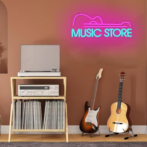 Image of Music Store Neon Sign for Wall Decor, Dimmable Guitar Neon Light, USB Powered Guitar LED Light Signs for Bedroom Studio Music Live Record Club Bar Party