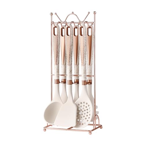 Kitchen Utensils Set, 7 Pieces Silicone Cooking Utensils Set with Stand, BPA-Free & Heat Resistant Kitchen Utensils for Cooking, Kitchen Gadgets Spatulas Set for Nonstick Cookware (White)