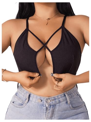 Women's Plus Size Criss Cross Front Closure Bra Cut Out Ribbed Knit Wireless Bralettes