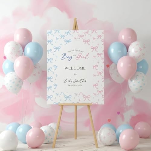 Image of HILAVO Pink and Blue Balloons, 60PCS 12 Inch Pastel Baby Pink and Blue | Gender Reveal Balloons Bow Print Balloon for Boy or Girl Gender Reveal Decorations Bear Bow Baby Shower Party Decoration