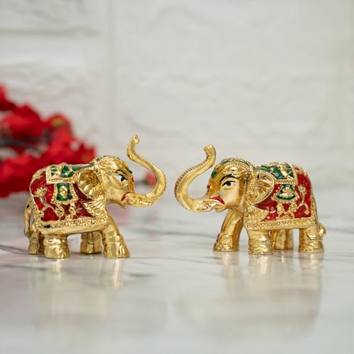 Image of Ekhasa Multicolor Meenakari Elephant Idol Showpiece Figurine Feng Shui | Vastu Items for Home Decor, Good Luck | Hand Painted Elephant Decorative Items Show Pieces, Gifting (Set of 2)