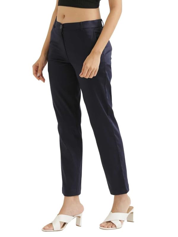 Image of SAADAA Women Pants Formal Straight Fit Cotton Satin Lycra Pant, Regular Fit Trouser for Office Work & Casual wear- Mid Rise, Elasticated Waistband, 4 Deep Pockets