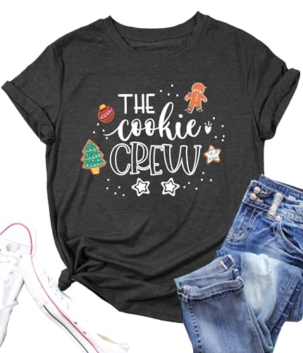Christmas Shirts Women The Cookie Crew Christmas T-Shirt Cute Xmas Tree Tee Gingerbread Baking Tops Darkgrey