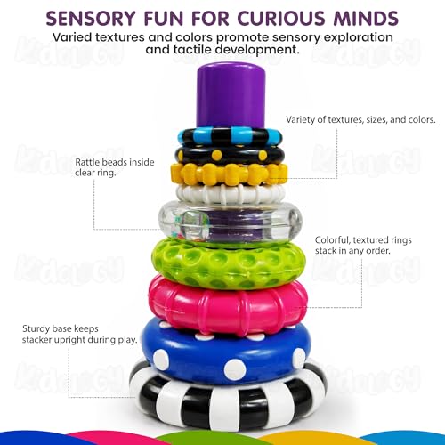 Image of Kidology Ring Stacker Baby Toy for 6+ Months with Different Stacking Rings & Rattle | 9 Pcs. Montessori Learning Toy for Early Brain Development for Kids & Infants