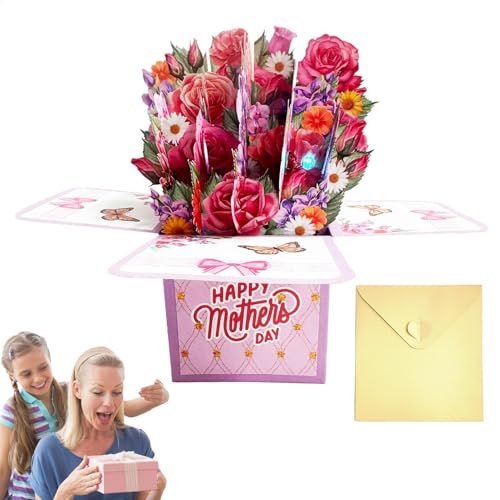Pop -up Bouquet Card, Pop -Up Flower Bouquet Cards - Tarjeta de felicitación para el Día de la Madre 3D - Papel de agradecimiento con tarjeta de notas en y sobre, para cumpleaños, día de San