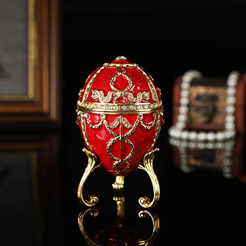 QIFU Red Easter Egg Style Hand Painted Jewelry Trinket Box with Rich Enamel and Sparkling Rhinestones Unique Easter Day Gift