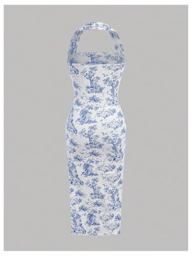 Floerns Girl's Floral Bodycon Halter Top Dress Ruched Split Midi Pencil Dresses2