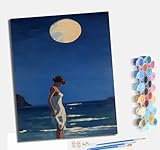 MLNMENG Malen nach Zahlen Erwachsene DIY Handgemalt Ölgemälde Kit Paint by Numbers Adult Mit 3 - Pinseln und Acrylfarbe knitterfreie leinwand Kit - 40 X 50 CM Mädchen am mondbeschienenen Strand