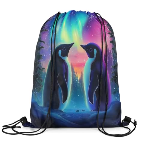 jejeloiu Penguin Drawstring Backpack 13x15.7inch Northern Light Gym String Bag Galaxy Northern Light Decor Sports Drawstring Sackpack