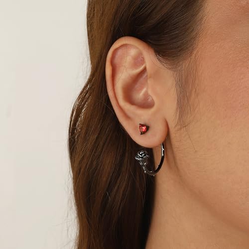 Beautlace Rose Hoop Earrings Sliver/Black Gun Plated Cute Elegant Flower Earring with Birthstone Jewelry Gifts for Women KE01022