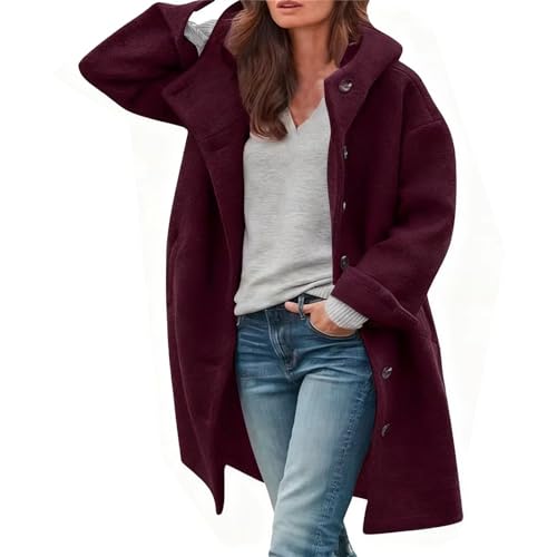 Genérico Winter Coats for Women Long Wool Pea Coats Single Breasted Hooded Jacket, Fashionable and versatile Hooded Blazer (Red,L)