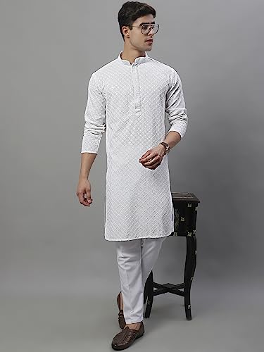 Image of Jompers White Chikankari Embroidered and Sequence Men's 3XL Regular Fit Knee Length Kurtas