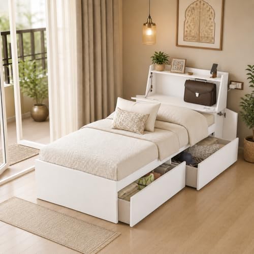 Image of Studio Kook Tribe Right Single Bed with Headboard Storage & 2 Drawers | Engineered Wood Bed | Fits 78 x 36 inch Mattress | Moonshine White | Mattress Not Included
