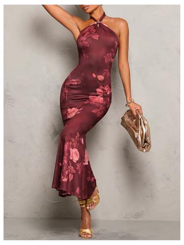 Image of GORGLITTER Women's Open Backless Wedding Guest Dress Ruch Sleeveless Ribbed Bodycon Halter Maxi Dresses