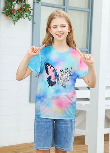 Image of SunFoucs Girls Kids Shirts Size 5-12 Tie Dye Casual Tshirt Short Sleeve Crewneck Tee Top | Short Sleeve Rainbow Tee Top
