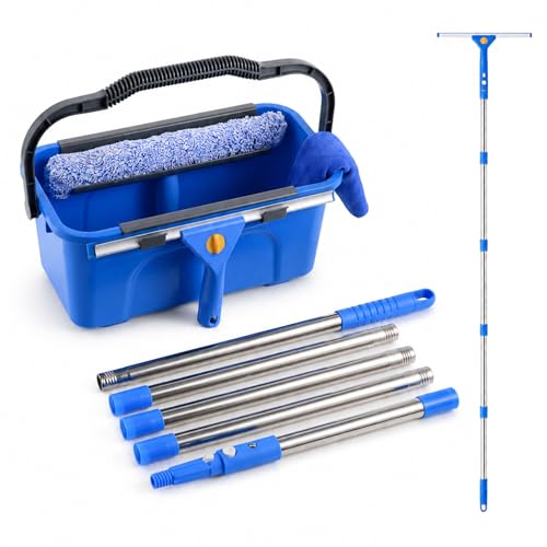 UFORU Professional Window Cleaning Kit with Bucket 3 Gallon Set with 14 Window Squeegee 15 Microfiber Scrubber and 76 Long Handle for High Window Home Outdoor Commercial and Car Glass Cleaning
