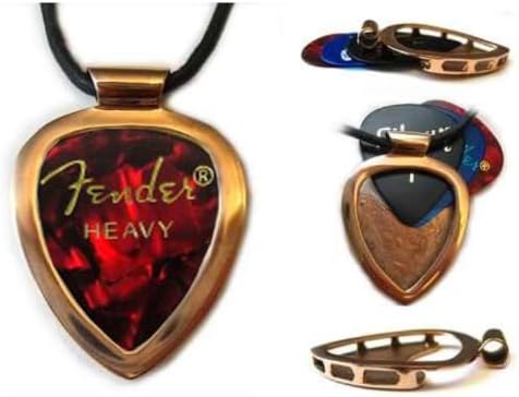 Red Gold IPG Guitar PICK Holder pendant w Vintage Checkerboard Guitar pick w 27' adjustable 3mm leather cord necklace