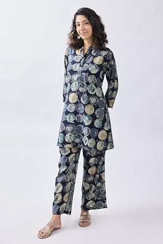 Image of Cicica Co Ord Set for Women | Two Piece Co-Ord Set | Western Co-Ords Set | Women's 2 Piece Set | A line | Trendy Long | Navy Blue | Geometric Printed Payjama Set