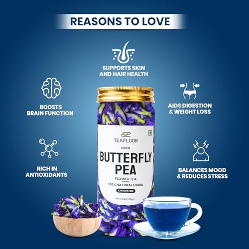 Image of TEAFLOOR Pure Dried Butterfly Pea Flower Tea, 100% Natural Herbs, Caffeine Free,Suitable as Iced Teas, Coolers and Cocktails Horeca, Net Weight 30g, 60 Tea Cups