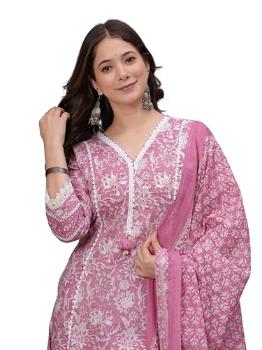Image of Amayra Women's Pure Cotton Printed Straight Kurta Set with Palazzo Pants & Dupatta- Ethnic Wear