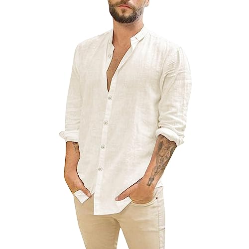 Camisas de algodón y lino para hombre, manga larga, ajuste regular, casual, color liso, ligera, con botones, cuello alto, transpirable, cómoda, camisa clásica de playa, camisa casual de moda, blanco,