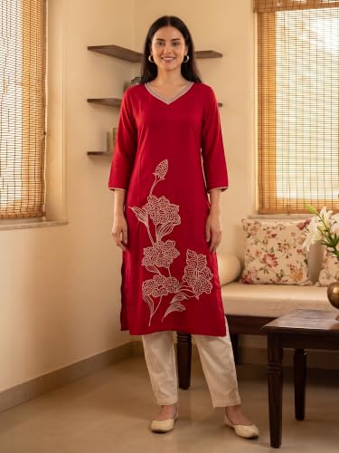 Image of INDO ERA Women Viscose Rayon Straight Fit Straight Floral Embroidered Kurtas