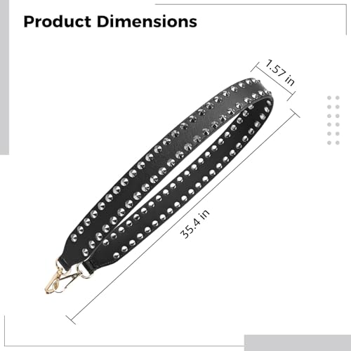 Wide Leather Shoulder Bag Strap, 35.43 ×1.57 Inches Silver Studded Replacement Strap, Cross Body Handbag Strap with Sturdy and Comfortable PU Leather, Double-Sided Black with Silver Hardware4