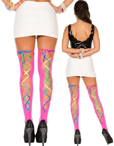 Image of ToBeInStyle Women's Lace Up Back Seam Tights Sheer or Opaque Hosiery Stockings Crisscross Lace Ribbon Zigzag Design