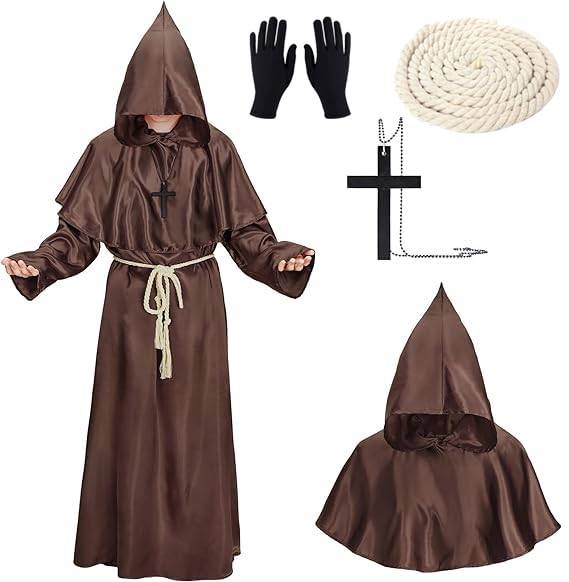 XCMVCN Deguisement Moine, Médiéval Renaissance Moine Costume Robe, Costume Robe de Prêtre Halloween, Costume Halloween Homme,Halloween Costumes de Carnaval et de Jeu de Rôle（Brun, M）