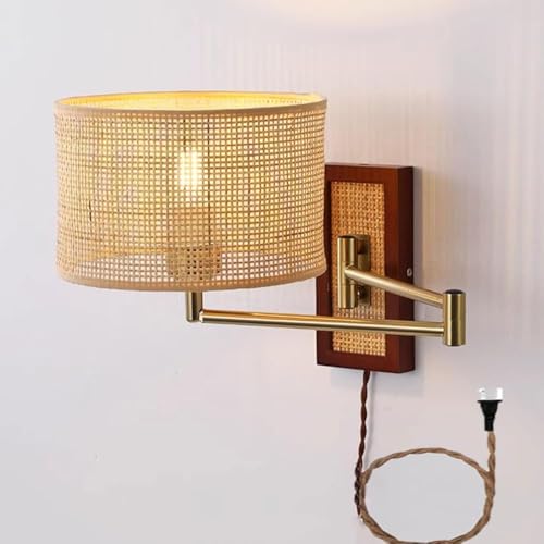 OEUBEQ Aplique de Pared Moderno de ratán rústico con enchufes, Pantalla de bambú Tejida a Mano, lámpara de Lectura con Brazo oscilante, Montaje en Pared, Apliques de Pared Modernos Vintag