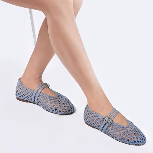 Image of Women's Woven Mary Jane Flats - Mesh Ballet Flats with Adjustable Double Metal Buckle Strap and Round Toe