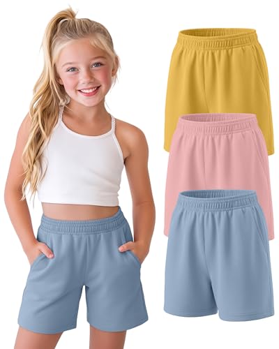 YooAurvox 3 Pack Girls Shorts Kids Wide Leg Athletic Shorts Casual Summer Elastic Waist SweatShorts with Pockets 5-14 Years(7-8 Years,Haze Blue, Peach Pink, Yellow)