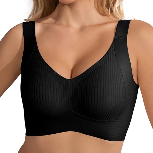 Fittingirls Plus Size Wireless Bras for Women Full Coverage Seamless Comfort Support Everyday T-Shirt Bra Black