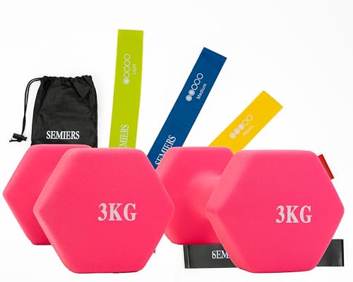 SET de 5 Cintas Elásticas Fitness y Musculación de Látex+Pesas y Mancuernas de Neopreno Disponibles en 2x3 kg. (Vendido en Pares) para Hacer tu Gimnasio en casa