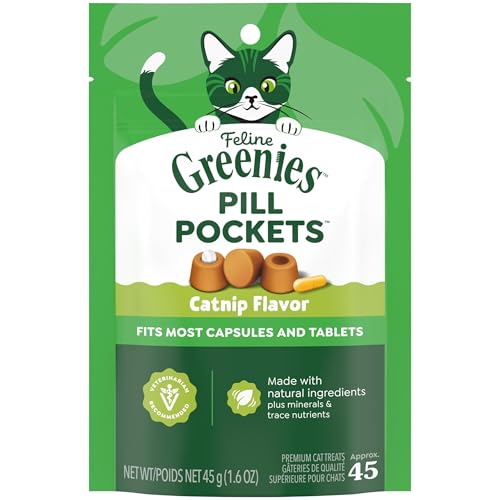 Greenies Feline Pill Pockets for Cats Natural Soft Cat Treats Catnip Flavor 1.6 oz. Pouch (45 Treats)