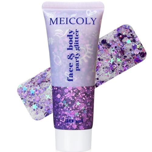 MEICOLY Purple Hair Glitter Kids Makeup Holographic Halloween Sparkly Face Glitter Self-Adhesive Mermaid Sequins Face Body Glitter Chunky Glitter for Festival Rave Accessories Costume Outfits