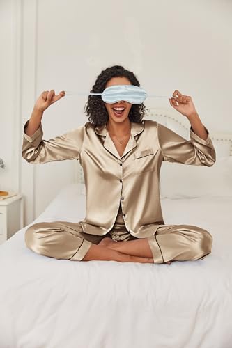 Image of Ekouaer Women's Classic Button Down Long Satin Silk Pajama Set