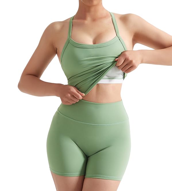 Image of SUUKSESS Women 2 Piece Workout Sets High Waisted Tummy Control Biker Shorts Halter Padded Tank Tops