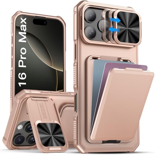SSLOTSCASE for iPhone 16 Pro Max Case with Wallet & Sliding Lens Cover & Kickstand & Credit Card Holder, Military-Grade Protection Rugged Phone Case Cover for iPhone 16 Pro Max 6.9'' 2024, Rose Gold