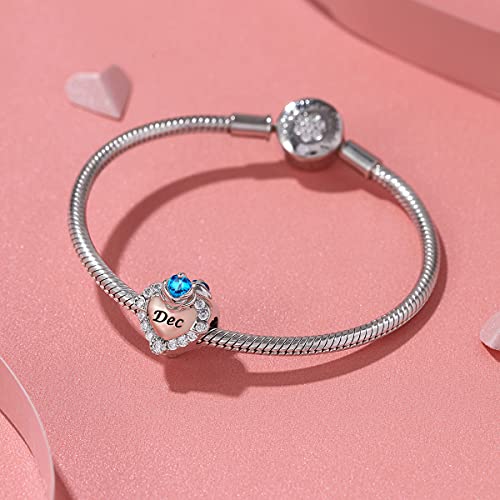 Image of FOREVER QUEEN Birthstone Charm for Bracelet - 925 Sterling Silver, Rose Gold Wife Heart Love Rose Flower Beads - Happy Birthday Charm for Necklace