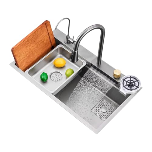 Image of Wallace 304 Grade Silver Single Bowl Multifunction Kitchen Sink 24 x 18 x 10 Inch | Stainless Steel Workstation Sink with Integrated Waterfall Cup Washer Drain Basket RO Tap & Pull Down Faucet