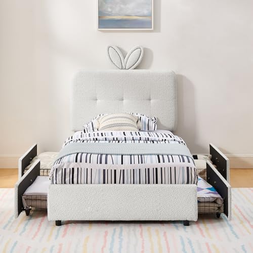 Image of Twin Led Bed Frame with 4 Storage Drawer, Upholstered Platform Floor Bed with Rabbit Ear Headboard Daybed Strong Wooden Slats No Box Spring Needed for Kids Girls Boys, Beige