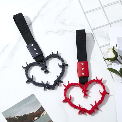 Image of Fabbay 2 Pieces Heart Handle Keychains Car Accessory Heart Hand Strap Drift Charm for Car Interior Exterior Decoration(Red and Black,Thorns Style)