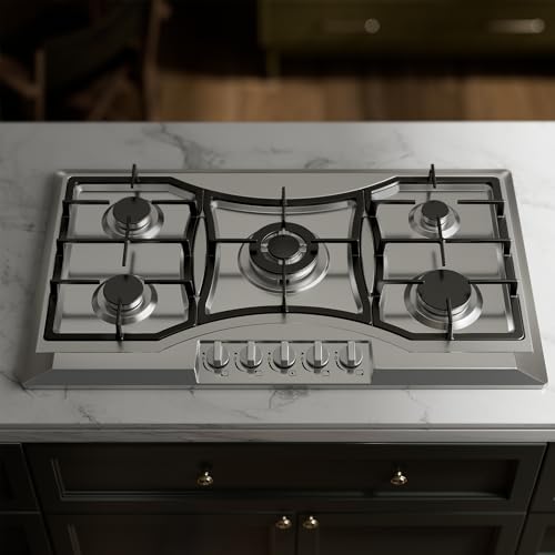 36 inch Drop-in Gas Cooktop with 5 Sealed Burners, Stainless Steel Gas Stovetop, Dishwasher Safe Cast Iron Grates, NG/LPG Convertible, 38K BTU by COOKTOP - Image 2