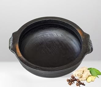 Craftsman India Online Deep Burned Uncoated Clay Handi/Pot And Kadai For Cooking And Serving Combo 1, 1&2 Liter, Black