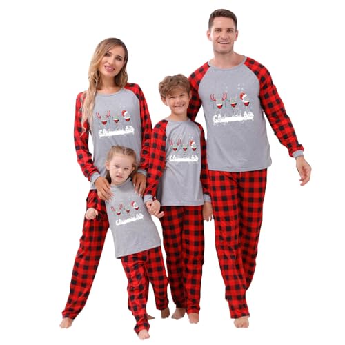 Ninedayx Pijamas de Navidad a juego, pijamas de Navidad para la familia, ropa de descanso familiar, elegante ropa de dormir familiar, sombrero de Navidad, números a cuadros, ropa de familia, niños,