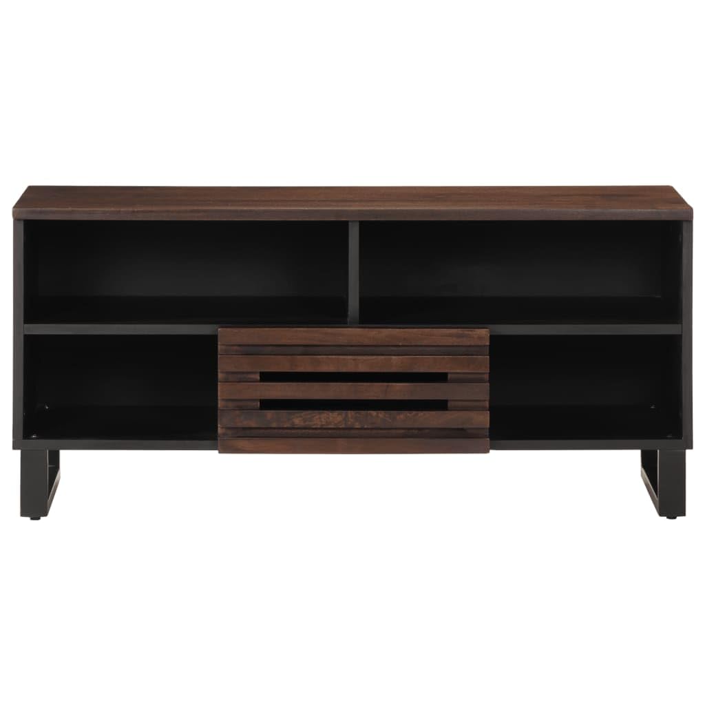 Mobile TV marrone in legno massiccio di mango, 100 x 34 x 46 cm, con cassetto e scomparti, stabile contenitore multimediale in stile industriale per soggiorno e ufficio