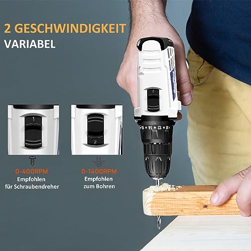 Weiß Akku-Bohrmaschine, Bohrmaschinen Set mit 23 Teiligem Zubehör, 2 Variable Drehzahlen, 3/8 Zoll Schlüsselloses Spannfutter, 18+1 Drehmomenteinstellung, mit 1500mAh-Akku und Werkzeugkoffer – Bild 4