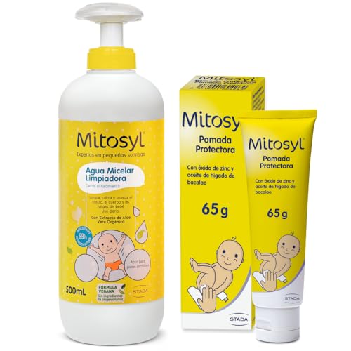Mitosyl Agua limpiadora sin aclarado - Agua micelar sin enjuague+Crema de Pañal Bebé, Previene y Alivia Irritaciones, Fórmula Suave y Efectiva