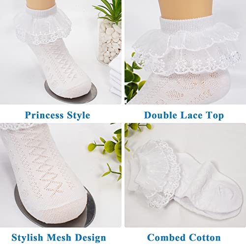 Looching 5 Pairs Toddler Baby Girls Ruffle Lace Socks Eyelet Mesh Cotton Frilly Ankle Soft Dress Kids Princess Socks 2-13T3